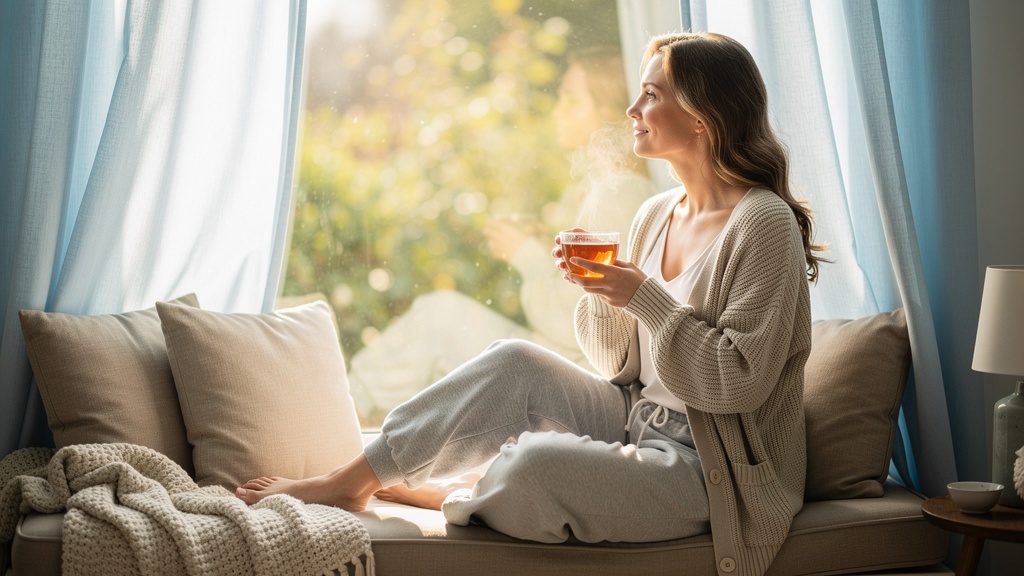 Peaceful mother enjoying a calm morning moment