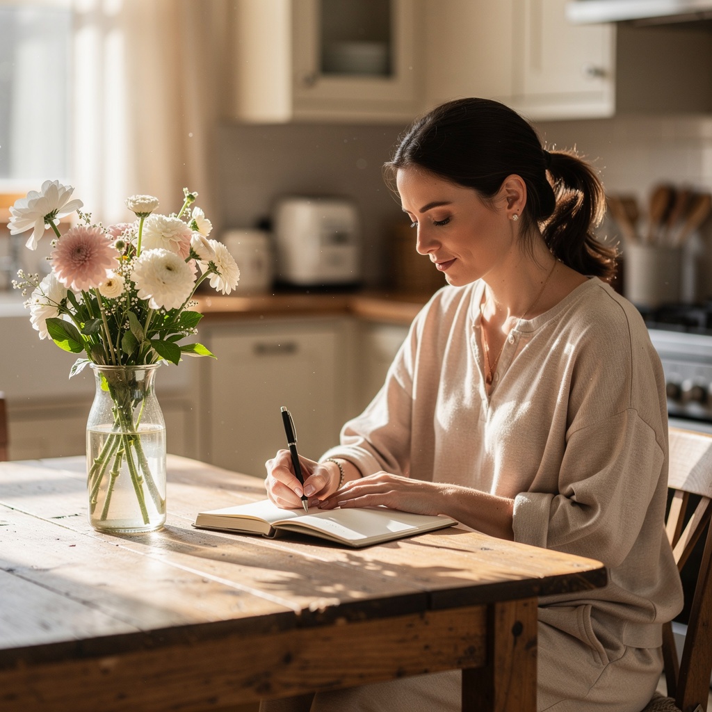 Woman journaling peacefully in morning light